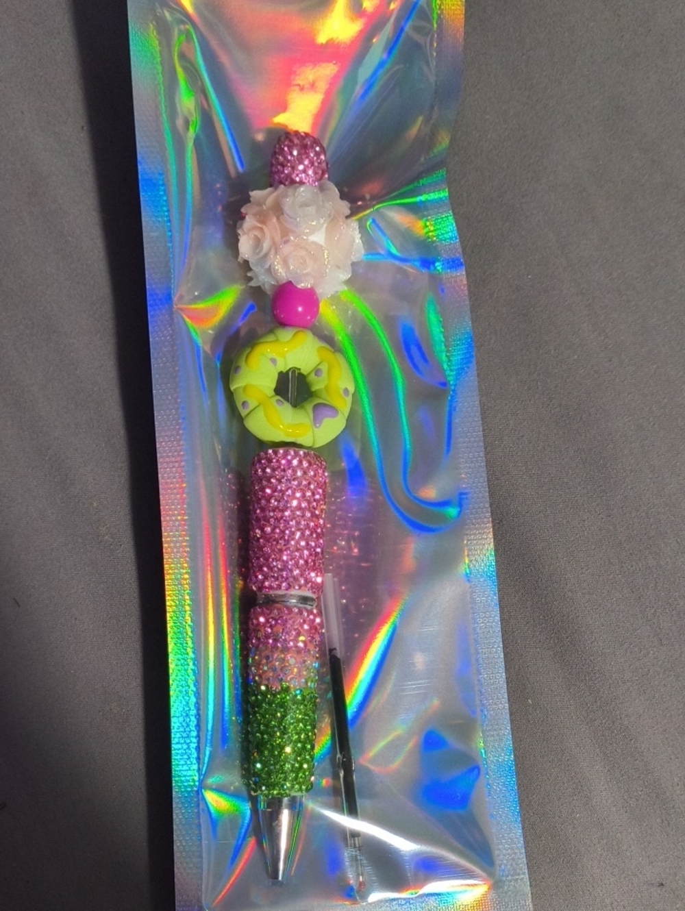 Kids Pink & Green Glitter Beaded Pen with Yellow Donut Charm